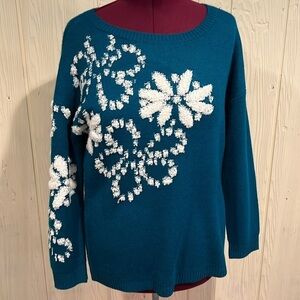 NINA LEONARD Floral Loop Jacquard Sweater Green-blue White3D looping Size L